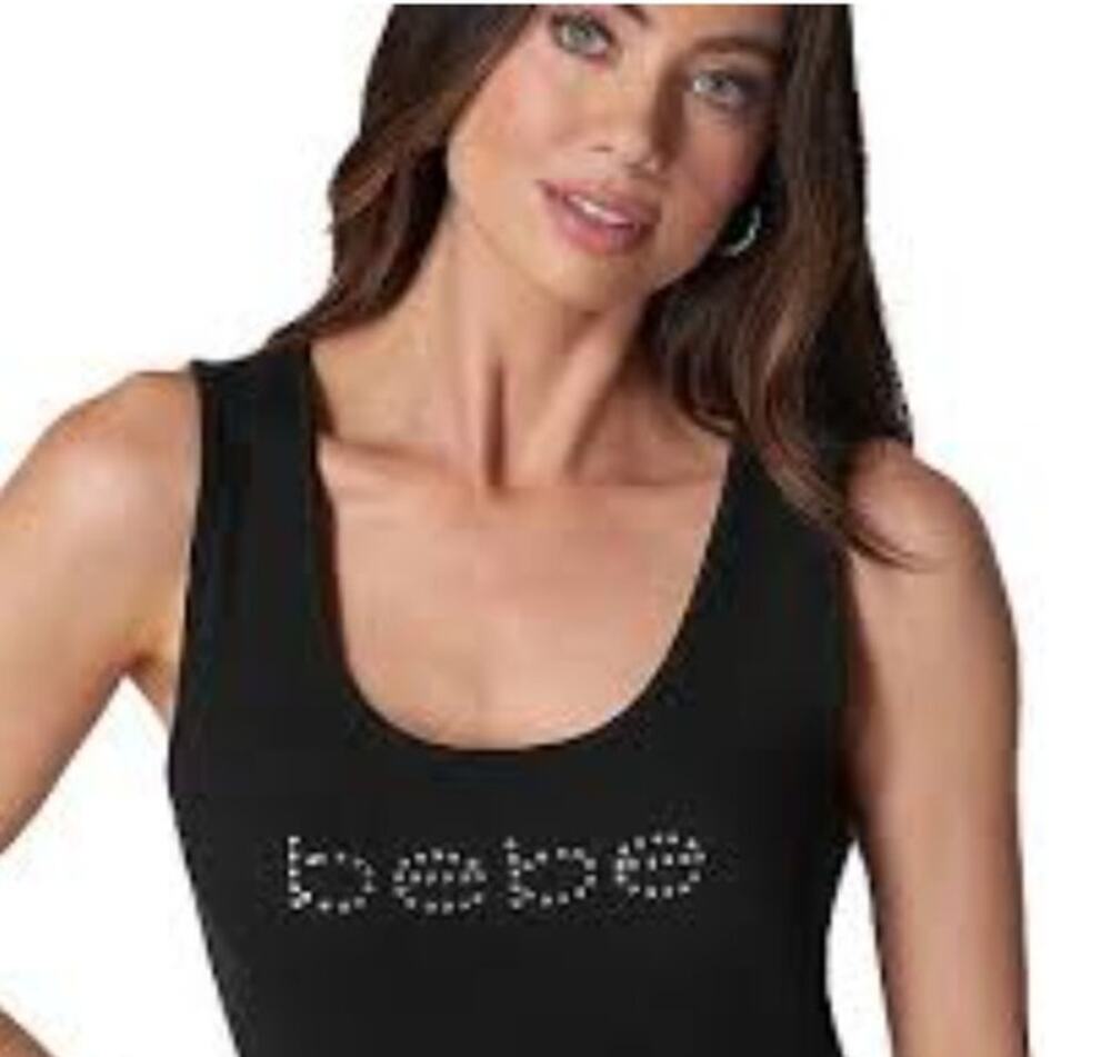 Vintage Bebe Rhinestone Tank Top Cutout Back USA Y2K Black